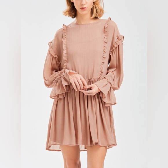 Zara Dresses & Skirts - Zara Women’s Sz Medium Long Sleeve Ruffle Blush Pink Mini Dress Metallic Gold